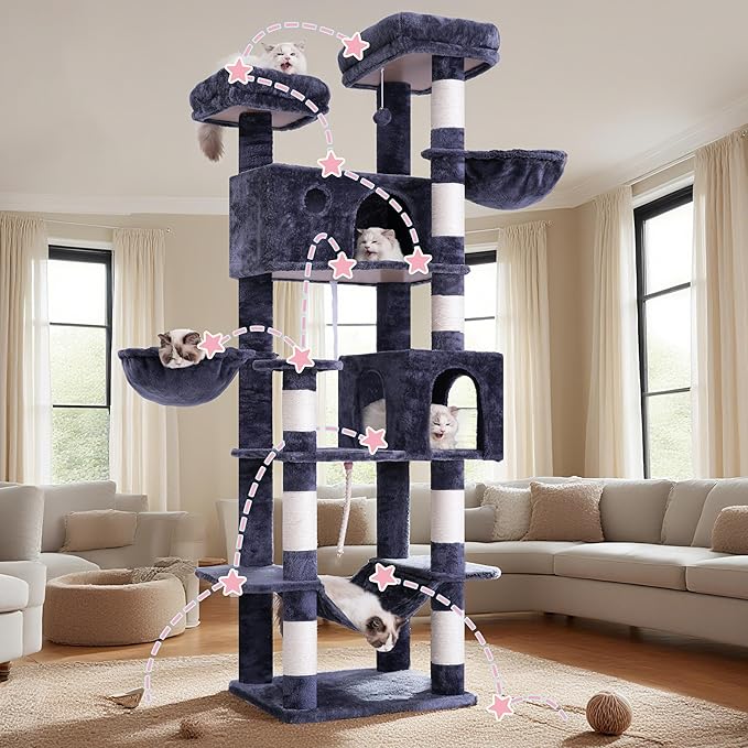 Gitelsnour Tall Cat Tree, Large Cat Tower for Adult Cats, 80.7'' (205cm) Heavy-Duty Cat Tree House for Indoor Cats 20 lbs+ with Scratching Posts, 2 Top Perches/Condos, Hammcok, Smoky Gray GCT034G