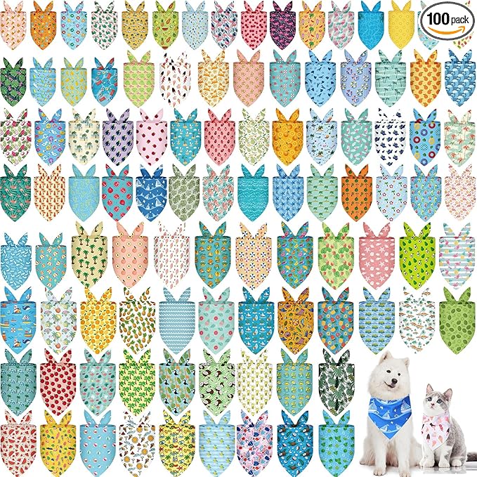 Huhumy 100 Pcs Dog Bandanas - Hawaiian Summer 3 Sizes Washable Adjustable Bandanas for Beach - Small, Medium, Large Pets