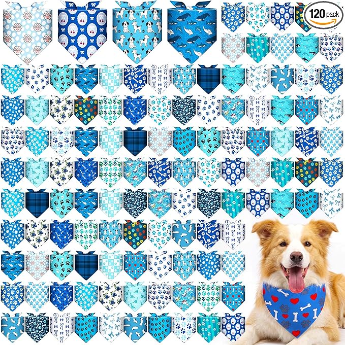 Sanwuta 120 Pcs Boy Dogs Bandanas Bulk Blue Summer Triangle Dog Bandana Washable Pet Scarves Adjustable Bibs Puppy Scarf Washable Triangle Pet Scarfs for Small and Medium Pets, 30 Styles