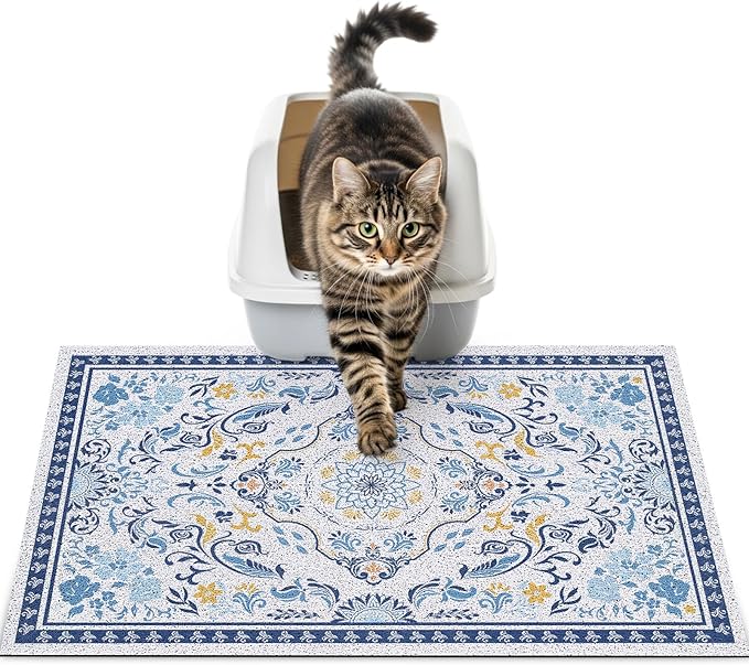 Cat Litter Mat Trapping Rug 24"x15",Litter Box Mat for Floor, Non-Slip Waterproof Backing, Soft Mesh Easy to Clean Pet Mat for Cat, Blue Yellow
