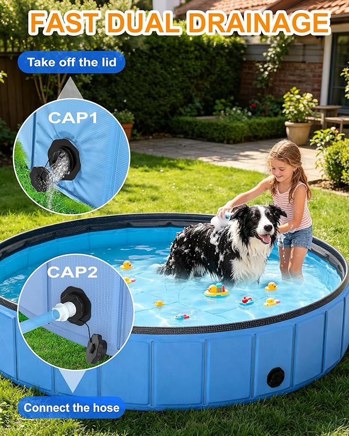 Instraella 97"x16" Dog Pool for Large Dogs, Heavy Duty Hard-Side Foldable Pet Pool, Non-Slip Collapsible Dog Bathing Tub with Drain, Portable Kiddie & Dog Swimming Pool for Outdoor & Indoor Use