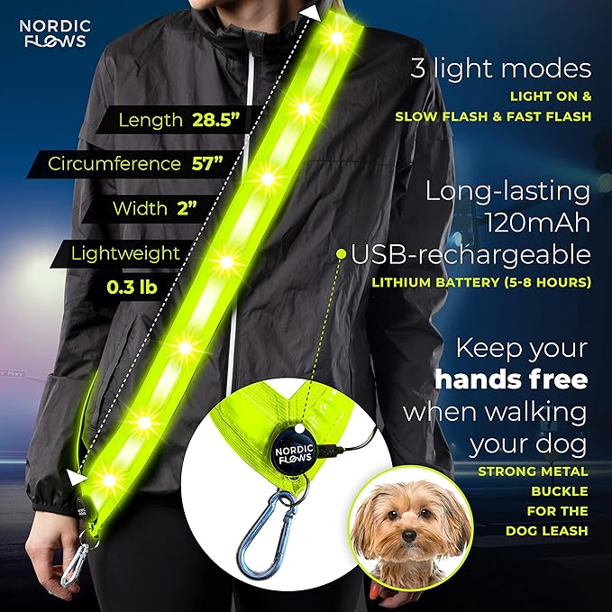 Rechargeable LED Lights Safety Vest – Reflective and Lighted Sash for Night Walks, Running, and Walking the Dog in the Dark Gear