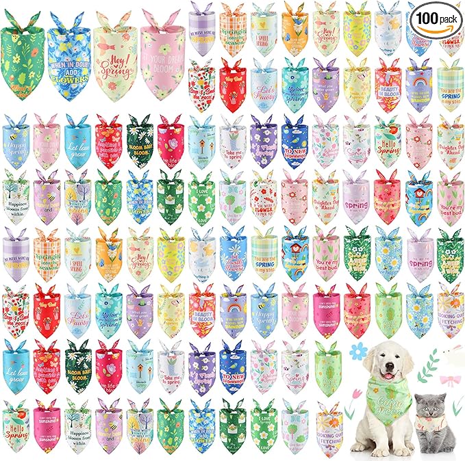 Sweetude 100 Pcs Plaid Dog Bandanas Bulk Paw Print Dog Scarf Bibs Puppy Pet Bandanas with Captions Adjustable Cat Outfit Washable Triangle Scarf Kerchief for Small to Medium(Spring)