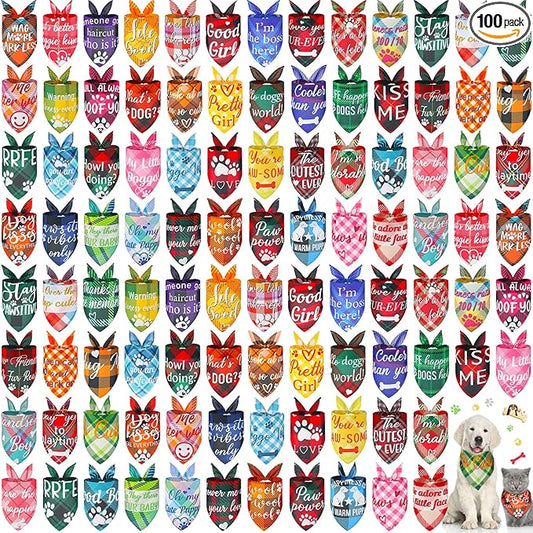 Sweetude 100 Pcs Plaid Dog Bandanas Bulk Paw Print Dog Scarf Bibs Puppy Pet Bandanas with Captions Adjustable Cat Outfit Washable Triangle Scarf Kerchief for Small to Medium