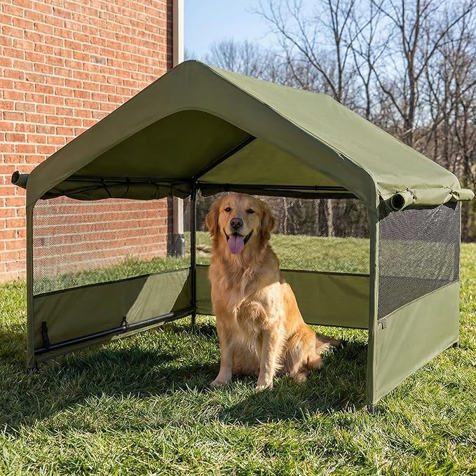 Dog Tent House Outdoor Shade 4'x4'x3' Shelter for Large Medium Pets,Outside Sun Rain Waterproof Canopy with Three-Sided Breathable Mesh Windows,Livestock House with Ground Nails,Deep Green