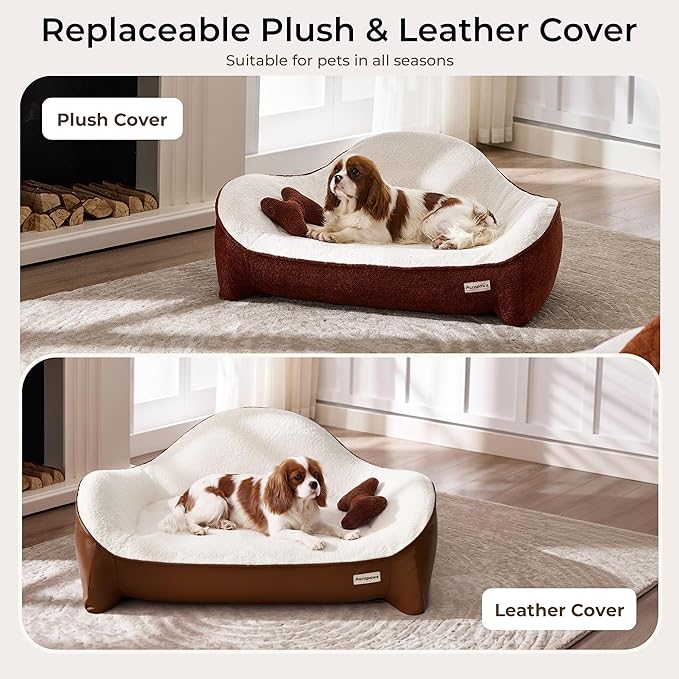 Orthopedic Dog Bed for Medium Small Dogs up to 120lbs, Extra Thick One-Piece Memory Foam Dog Bed, Never Sag Pet Sofa Couch with 3 Removable Washable Covers (Plush, Cooling, Leather) & Toy