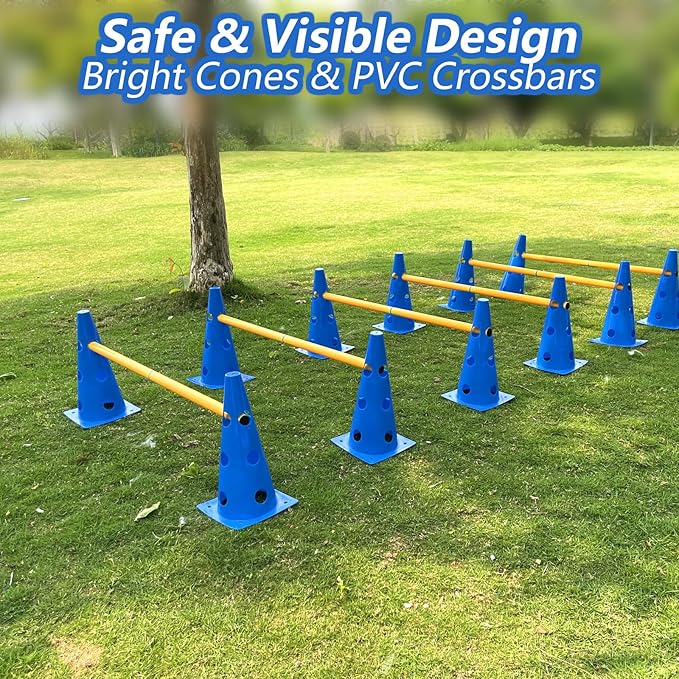 Dog Agility Hurdle Cone Set, Adjustable Height Dog Agility Course for Backyard Training, 12 Cones with PVC Crossbar, 3 Height Levels (12 Pack)