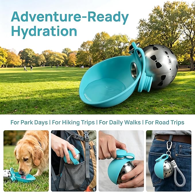 Leak-Proof Dog Water Bottle Portable, 2 in 1 Pet Travel Dispenser with Wide Bowl for Dogs, Stainless Steel No-Spill Doggy Water Cup & Silicone Trough for Walking, Hiking & On The Go