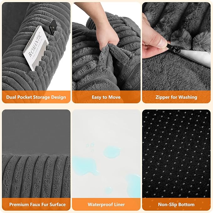 Human Dog Bed for Adult, Reversible Orthopedic Gel Memory Foam Cushion, Washable Corduroy Fleece, Plump Edge with Blanket, Storage Pocket, Strap, 65"x41.3"x9", Extra Large, Medium Grey