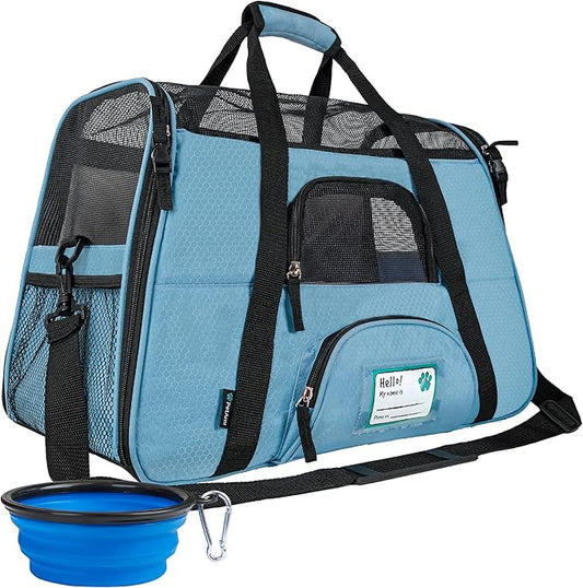 PetAmi Airline Approved Pet Carrier for Cats & Small Dogs, Soft Sided TSA Travel Carrier Bag with Sherpa Bed, Breathable Mesh Ventilation, Collapsible Bowl, Fits Under Seat, Up to 18 lbs, Small Blue