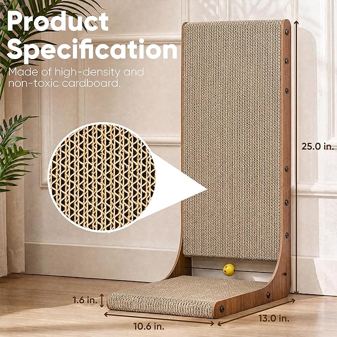 FUKUMARU Cat Scratcher 2 Packs, 25 Inch Cat Scratching Boards for Indoor Cats, L Shaped Cardboard Cats Scratcher Vertical Scartch Pads with Ball Toy, Walnut Color