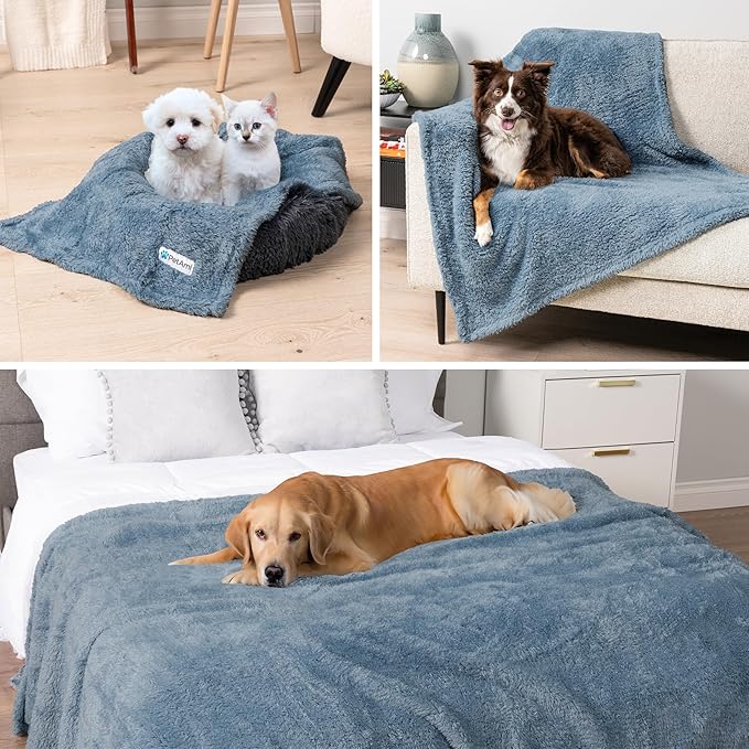 PetAmi Fluffy Waterproof Dog Blanket for Couch and Bed, Reversible Sherpa Pet Throw, Pee Proof Furniture Protector Sofa Cover, Washable Cat Blanket for Medium Large Dogs and Cats (Dusty Blue, 60x80)