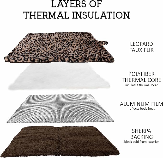 Downtown Pet Supply Thermal Cat Bed - Insulated Cat Mat with Aluminum Film & Sherpa Backing - Washer Safe Faux Fur Cover - Self-Warming Nap - Large - Animal Print Beige - 31 x 18 in