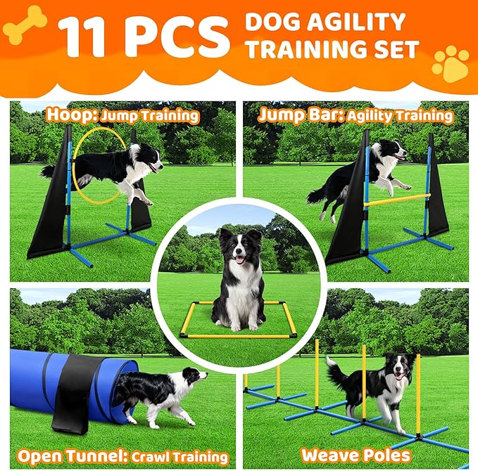 Dog Agility Course Backyard Set - Complete 11-Piece Dog Agility Equipment with Adjustable Hurdles, Jump Ring, Weave Poles, Collapsible Tunnel, Pause Box, Ball for Indoor/Outdoor Training