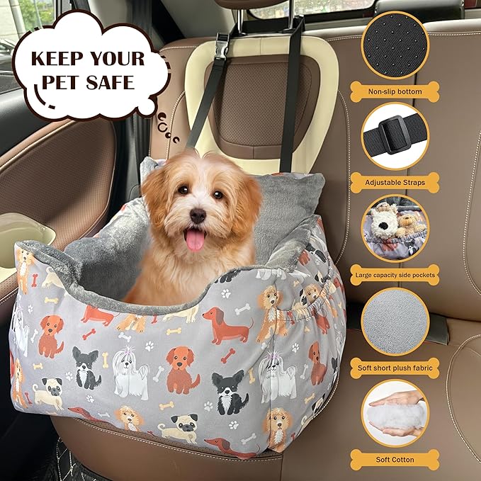 Dog Car Seats for Small Medium Sized Dogs Carseat for Car Funny Fuzzy Pet Dog Booster Car Seat Puppy Under 25 Lbs with Soft Plush Cushion&Washable Removable Cover