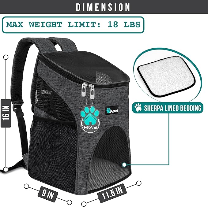 PetAmi Cat Backpack Carrier, Airline Approved Pet Carrier Backpack for Small Dogs and Large Cats, Soft Sided Collapsible Ventilated with Sherpa Bed for Hiking Travel, Max 18 lbs, Heather Charcoal