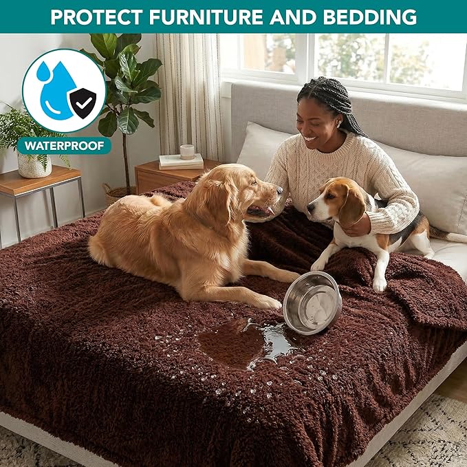 PetAmi Fluffy Waterproof Dog Blanket for Couch and Bed, Reversible Sherpa Pet Throw, Pee Proof Furniture Protector Sofa Cover, Washable Cat Blanket for Medium Large Dogs and Cats (Brown, 90x90)
