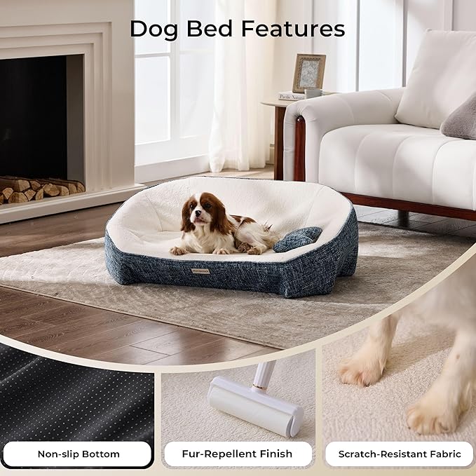 Orthopedic Dog Bed for Medium Small Dogs up to 120lbs, 48D Extra Thick One-Piece Memory Foam Dog Bed, Never Sag Pet Sofa Couch with 3 Removable Washable Covers (Plush, Cooling, Leather) & Toy