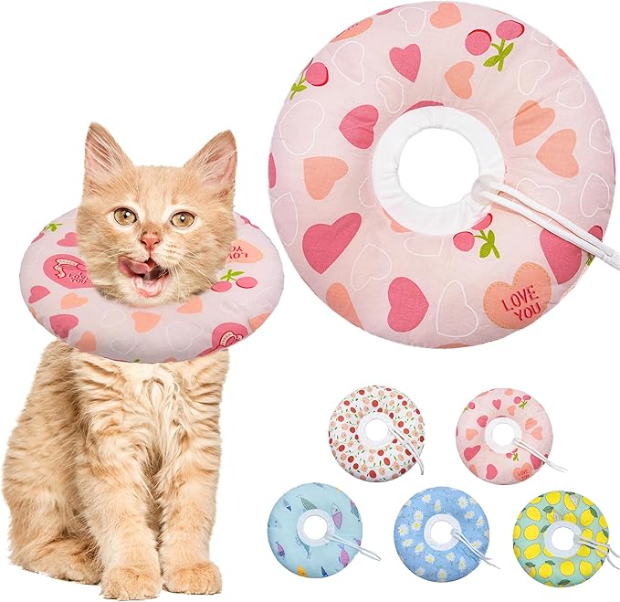 Seyezo Cat Cone Soft Collar, Adjustable Cat Recovery Collar for Small Medium Large Cats, Cute Donut E Collar After Surgery, Anti-Lick Recovery Elizabethan Collar for Kittens (Pink Heart, Small)