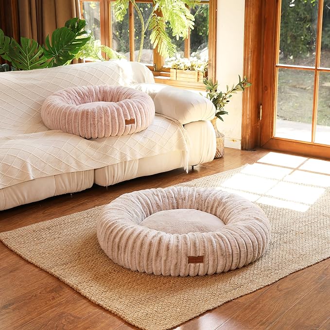 FUKUMARU Dog Bed, Gradient Color Donut Dog Beds for Medium Dogs, 30 inches Calming Orthopedic Dog Beds, Round Pet Bed with Washable Cover，Luxury Comfy Cat Bed for Indoor Cats, Camel