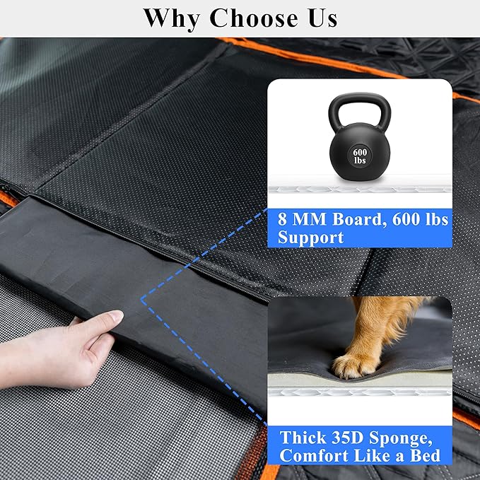 Hard Bottom Back Seat Extender for Dogs, Waterproof Dog Car Seat Cover with Joint-friendly Sponge Pad, 600 lbs Support Dog Hammock with Mesh Window, Universal Fits Sedan, SUV(Black & Orange)
