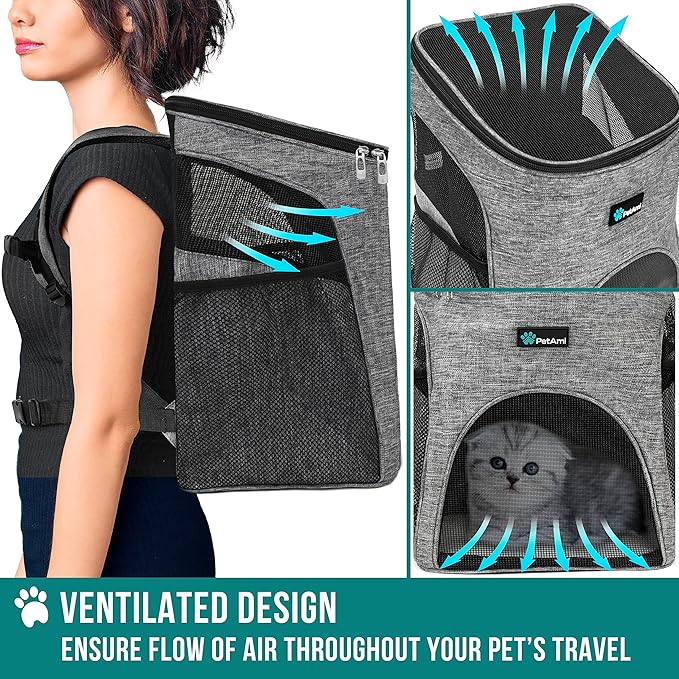 PetAmi Cat Backpack Carrier, Airline Approved Pet Carrier Backpack for Small Dogs and Large Cats, Soft Sided Collapsible Ventilated with Sherpa Bed for Hiking Travel, Max 18 lbs, Heather Gray