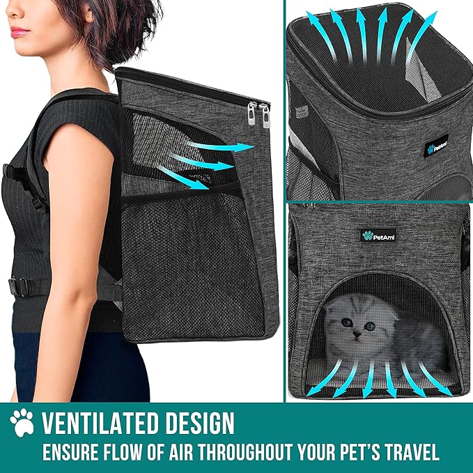 PetAmi Cat Backpack Carrier, Airline Approved Pet Carrier Backpack for Small Dogs and Large Cats, Soft Sided Collapsible Ventilated with Sherpa Bed for Hiking Travel, Max 18 lbs, Heather Charcoal