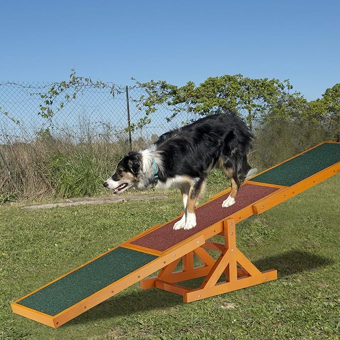 Relaxdays Colourful Wooden Pet Seesaw for Big and Small Dogs, Equipment for Agility and Obedience Training, 54 x 180 x 30 cm, Brown