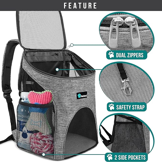 PetAmi Cat Backpack Carrier, Airline Approved Pet Carrier Backpack for Small Dogs and Large Cats, Soft Sided Collapsible Ventilated with Sherpa Bed for Hiking Travel, Max 18 lbs, Heather Gray