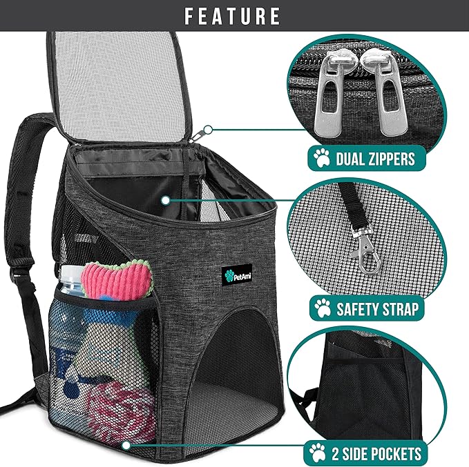 PetAmi Cat Backpack Carrier, Airline Approved Pet Carrier Backpack for Small Dogs and Large Cats, Soft Sided Collapsible Ventilated with Sherpa Bed for Hiking Travel, Max 18 lbs, Heather Charcoal
