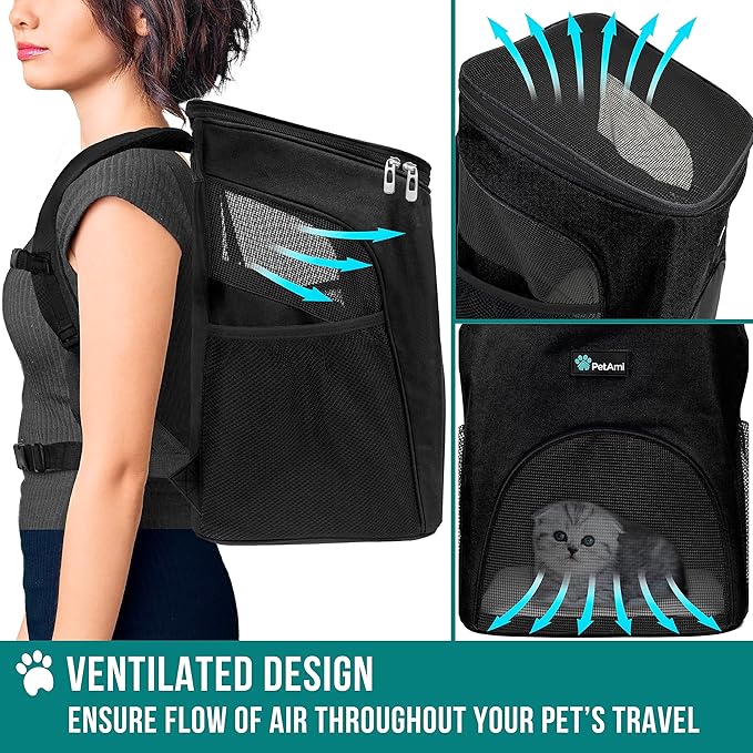 PetAmi Cat Backpack Carrier, Airline Approved Pet Carrier Backpack for Small Dogs and Large Cats, Soft Sided Collapsible Ventilated with Sherpa Bed for Hiking Travel, Max 18 lbs, Black