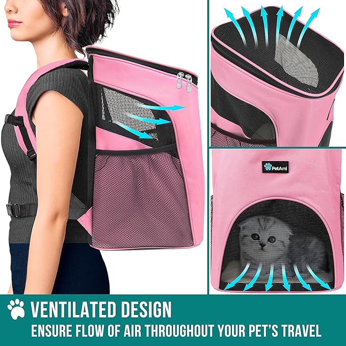 PetAmi Cat Backpack Carrier, Airline Approved Pet Carrier Backpack for Small Dogs and Large Cats, Soft Sided Collapsible Ventilated with Sherpa Bed for Hiking Travel, Max 18 lbs, Pink