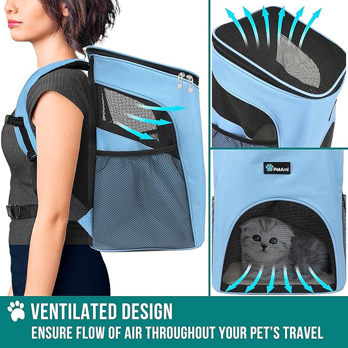 PetAmi Cat Backpack Carrier, Airline Approved Pet Carrier Backpack for Small Dogs and Large Cats, Soft Sided Collapsible Ventilated with Sherpa Bed for Hiking Travel, Max 18 lbs, Light Blue
