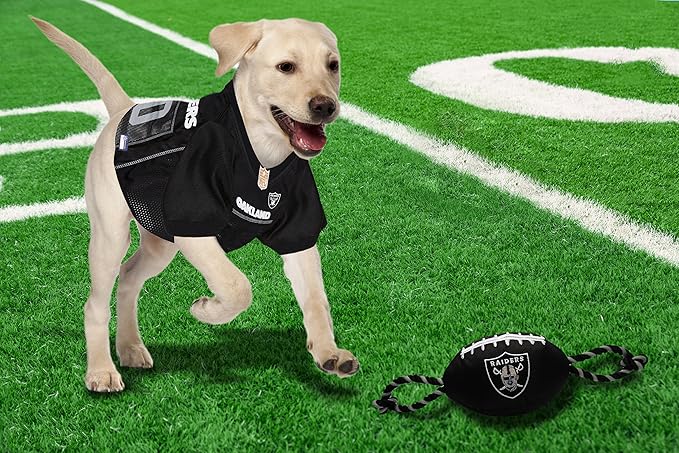 Pets First NFL Raiders Football Dog Toy, Tough Quality Nylon Materials, Strong Pull Ropes, Inner Squeaker, NFL Team Color