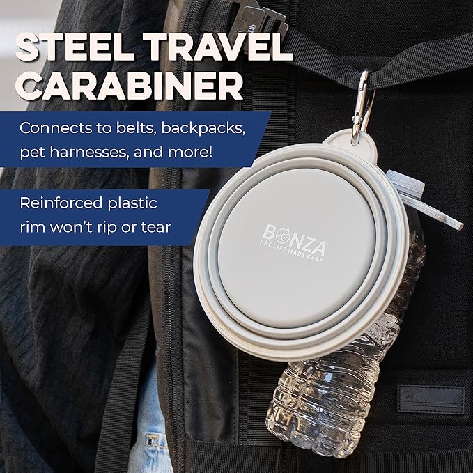 Bonza Collapsible Dog Bowls - X-Large 50 oz, Dog Travel Accessories, Silicone Portable Dogs Bowl & Water Dish with Reinforced Rim & Carabiner for Hiking, Camping, and Car Trips, Light Gray